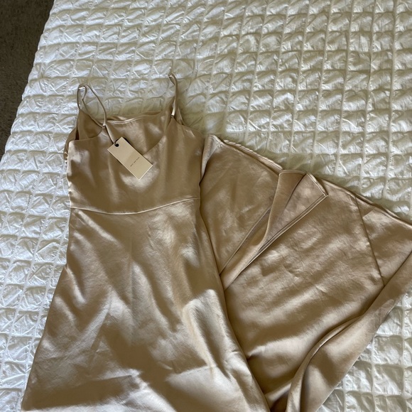 Bec + Bridge Eternity scoop satin open slit maxi dress in sand - Picture 9 of 12